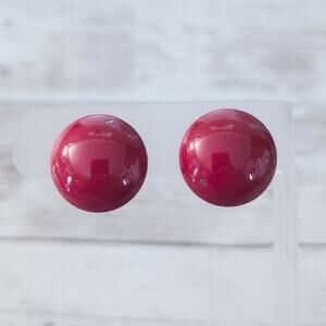 Vintage Clip On Earrings Retro Deep Red Domed Circle 0.75" - Paint Chipping